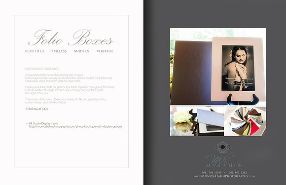 photo albums, folio boxes, wall portraits, frames at Monica Hahn Photography Studios